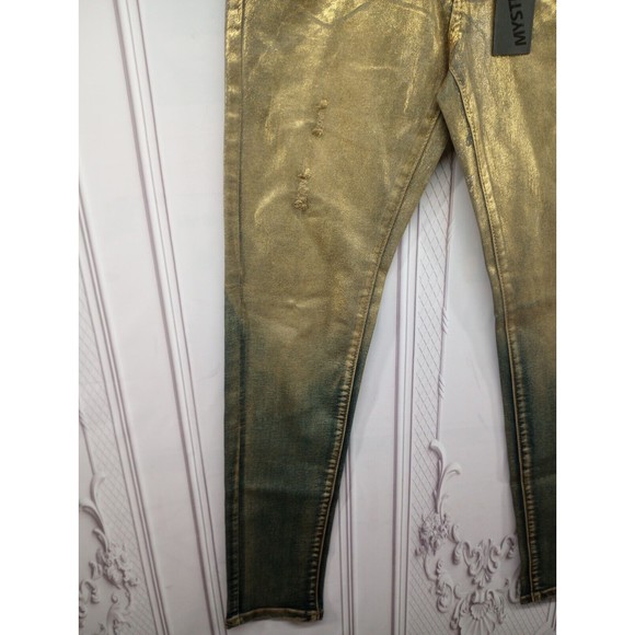 NWT MYSTIQ Womens High Waisted Jeans SZ 3 Unique Gold Spray Paint Look $66 MSRP - Picture 7 of 16